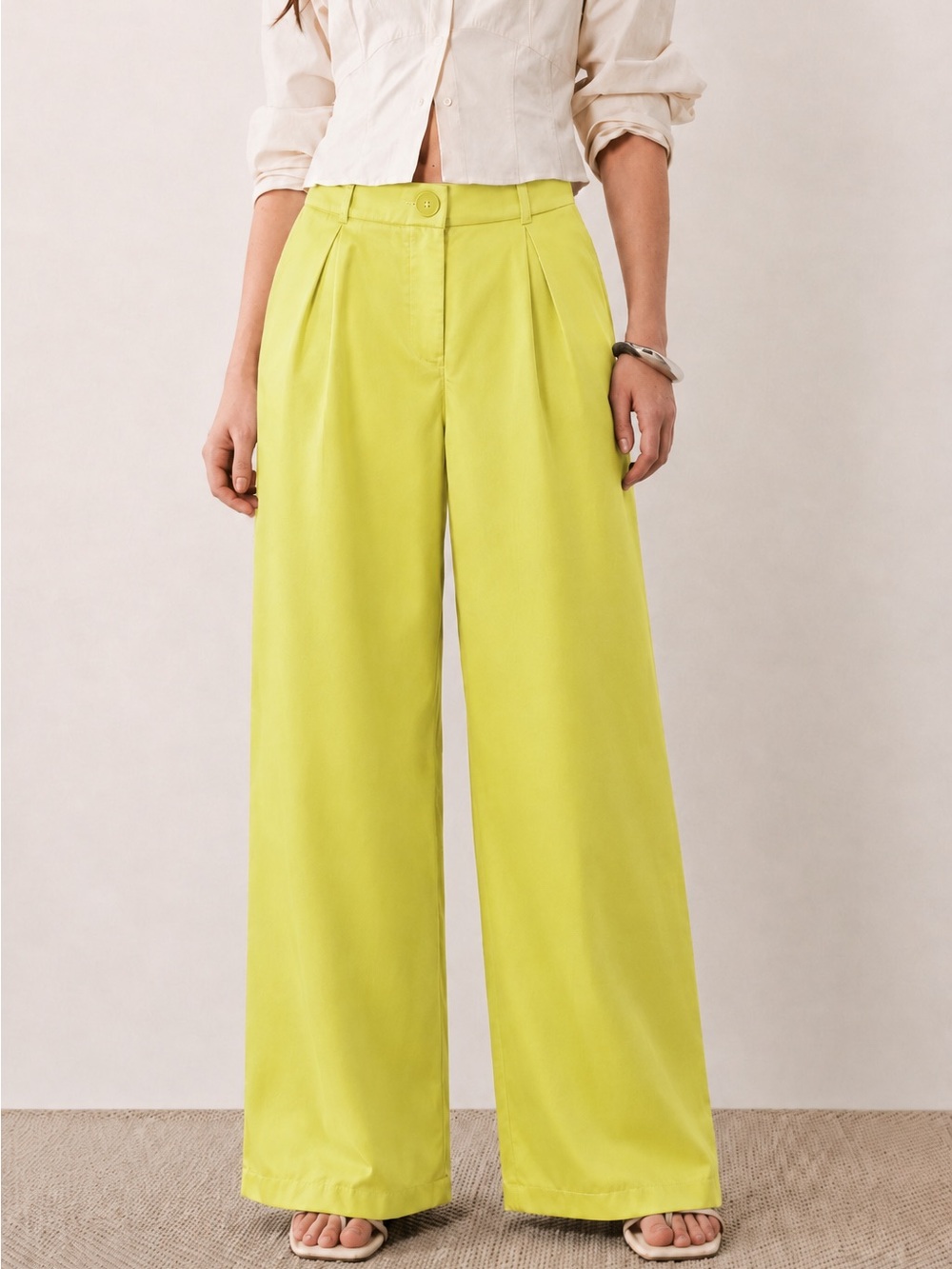 Haute Monde Lime Yellow Wide Leg Pleated Pants Size M